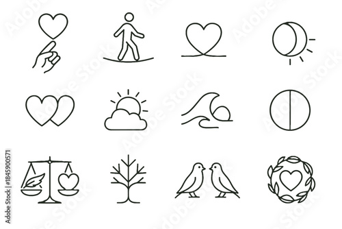 Icons together walking circle heart perfect birds icon branches emotional harmony vector