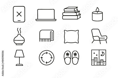 Books comfy scented lamp blanket lounging icon vector evening diffuser routine pattern