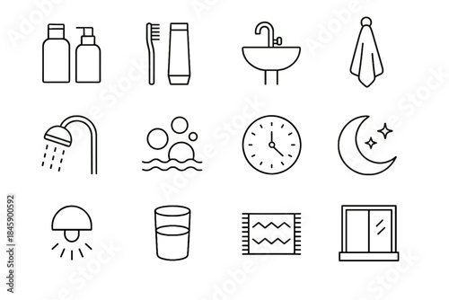 Icon toothpaste wall routine evening glass bathroom icons milk rug towel vector