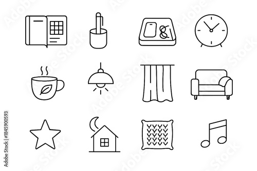 Routine cushion table vector ceiling notes icons over evening notebook clock cup