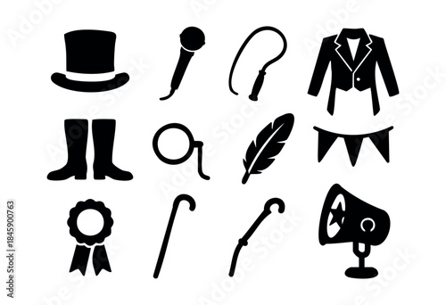A collection of black silhouette icons representing classic show business, performance, and formal accessories including a top hat, microphone, monocle, and tuxedo — stock vector.