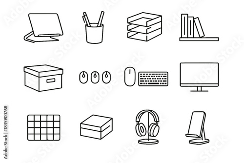 Set monitor workspace icon vector minimalist wireless tray notepad document icons box