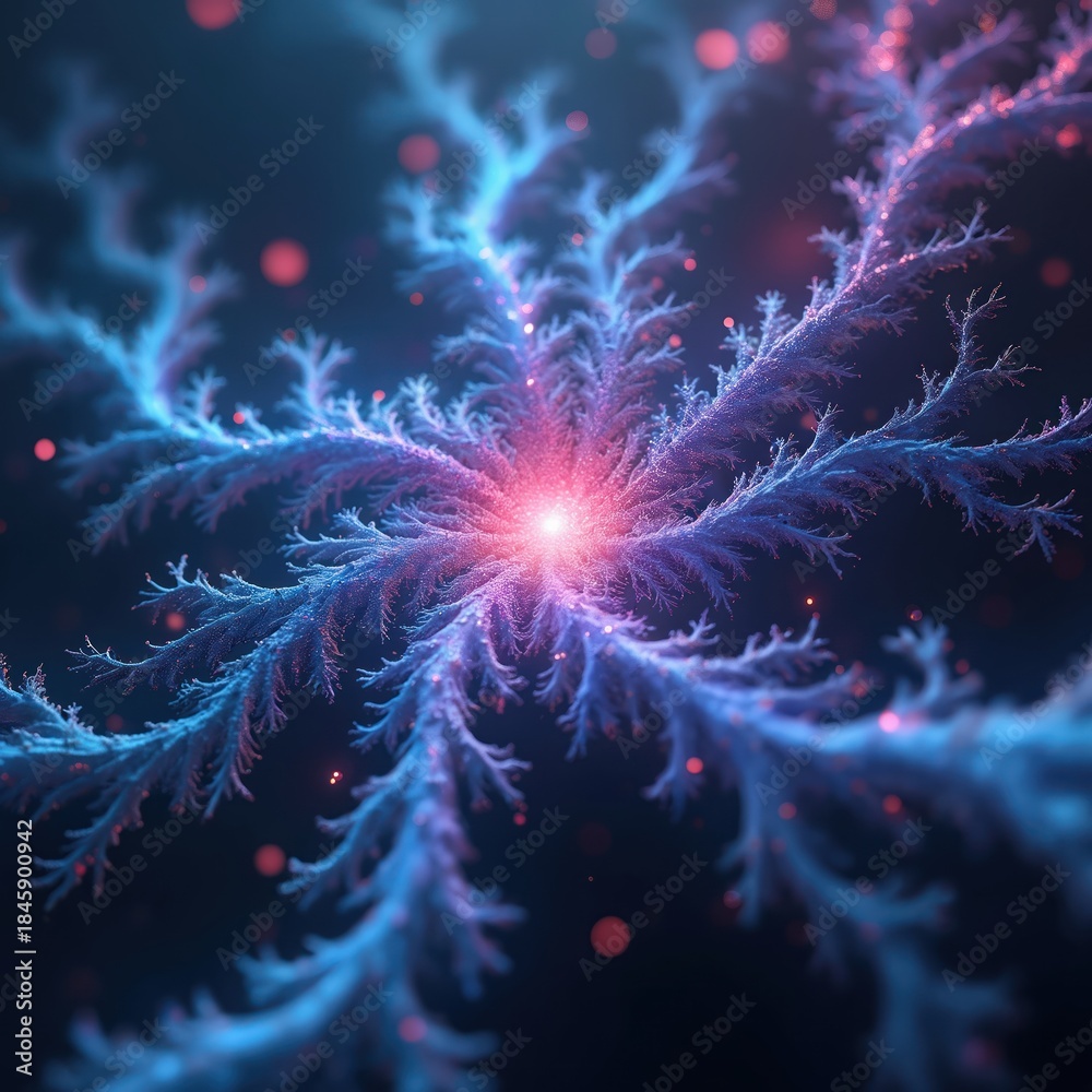 Fototapeta premium Abstract glowing fractal structure with blue and pink hues emanates light and energy. Fine, branching patterns create a complex, organic form against a dark background with bokeh effects.