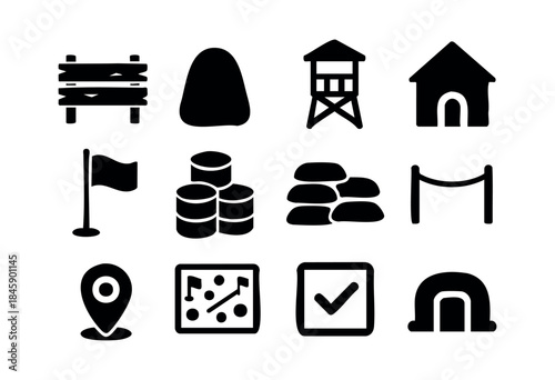 A cohesive set of black silhouette vector icons representing military, defense, strategy, and location concepts for game design or tactical applications — stock vector.