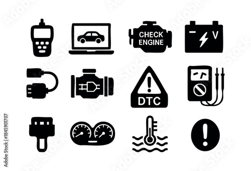 A comprehensive collection of black silhouette icons representing car diagnostics, vehicle repair tools, warning indicators, and engine maintenance systems — stock vector.