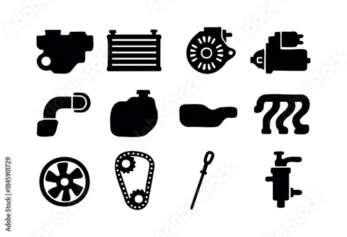 A comprehensive collection of essential car engine and automotive spare parts depicted as black silhouettes on a white background — stock vector.