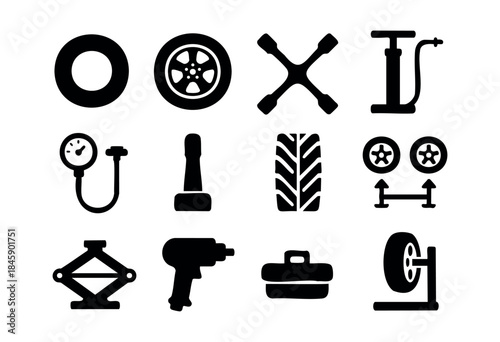 A comprehensive set of black silhouette icons representing various tools and equipment used for automotive tire service and repair, isolated on a white background — stock vector.