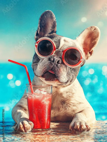 French Bulldog wearing red goggles happily drinks red juice by the pool. A playful poolside moment under bright sunlight.