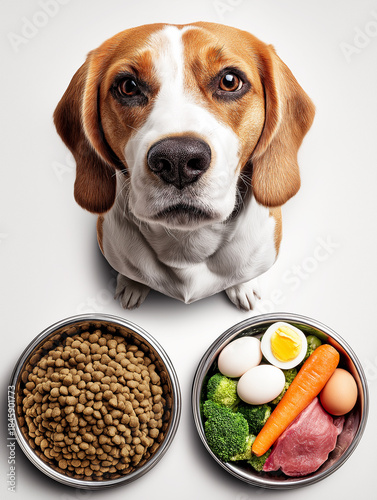 Beagle looks up on a white background. Two bowls of kibble and fresh ingredients sit in front of the beagle.