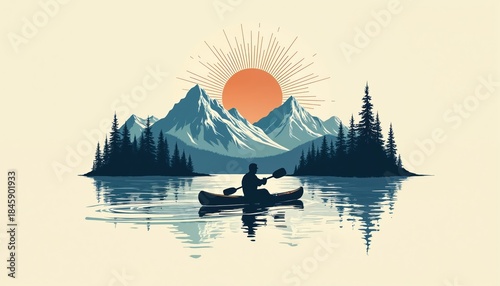 Man kayaks on calm lake water at sunrise near pine trees forest and majestic mountains. Scenic landscape illustration with reflection on the water surface.