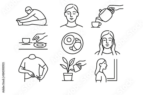 Icons drape face hallway gentle gaze vector closed warm mindful morning icon