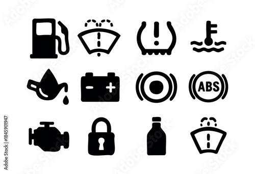 A comprehensive set of black silhouette icons representing common automotive dashboard warning indicators for vehicle safety and maintenance on a white background. — stock vector.