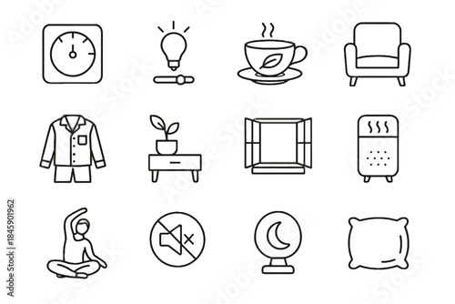 Hygiene stretching sleep nightstand icons light thermostat shade icon chair reading vector