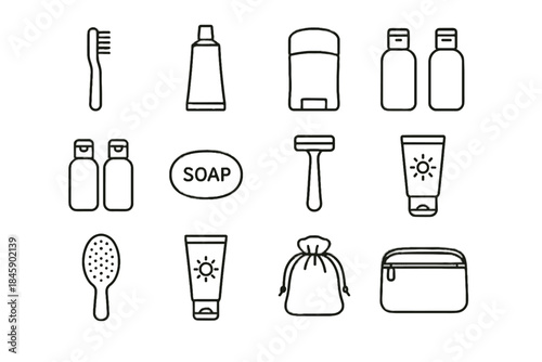 Stick reusable travel hairbrush soap toiletry vector icon minimalist shampoo icons facial