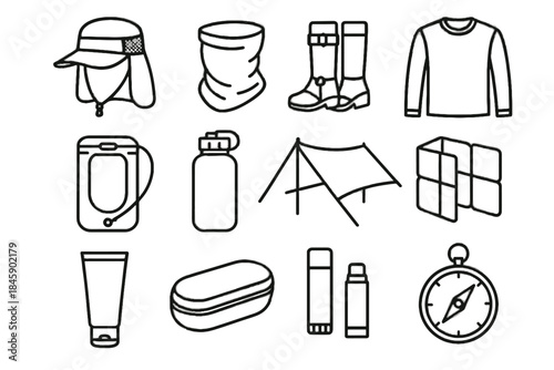 Gear icons adventure vector case gaiter bottle desert pad sit folding neck