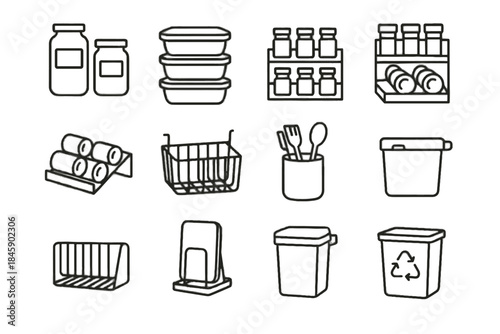 Vector minimalist cutting organization bin sink stand caddy spice jars containers icon