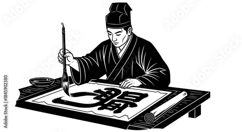 Ancient Chinese Calligrapher Writing Traditional Characters with Brush.