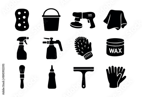 A collection of black silhouette icons depicting essential equipment and supplies for professional car washing and auto detailing services — stock vector.
