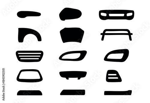 A collection of various black automotive parts and components depicted as minimalist silhouettes on a white background — stock vector.
