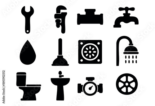 A comprehensive set of black silhouette vector icons representing essential plumbing tools, bathroom fixtures, and water system elements on a white background — stock vector.