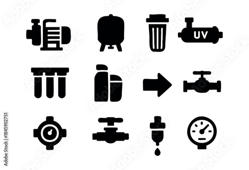 A collection of black silhouette vector icons representing various components of water treatment, filtration, and plumbing systems, including pumps, filters, valves, and gauges — stock vector.