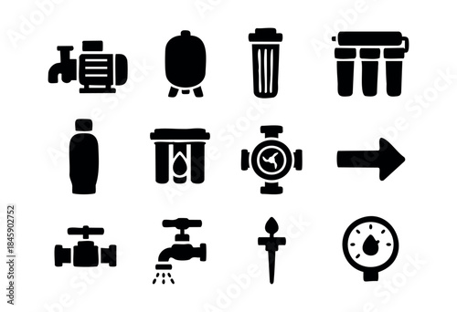 A collection of black silhouette icons representing various components of water systems, plumbing, filtration, and related utilities in a minimalist style — stock vector.