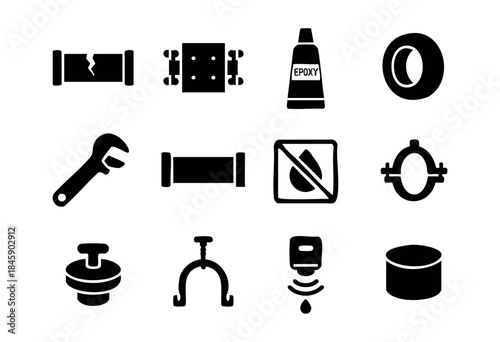 A comprehensive collection of black silhouette icons depicting essential plumbing tools, pipe components, repair solutions, and fluid management elements. — stock vector.