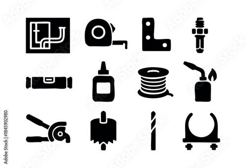 A collection of black silhouette icons representing various tools and hardware for construction, DIY, and home improvement projects — stock vector.