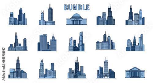 A collection of blue line art illustrations depicting various iconic Chicago skyscrapers and architectural landmarks in a bundle.