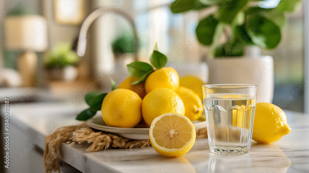 Fototapeta premium Cluster of fresh lemons on marble counter with glass of water and one lemon cut in half, citrus still life photography, clean kitchen aesthetic, healthy beverage ingredients, with 