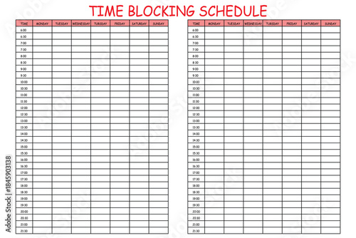 24 Hourly Weekly Schedule - Monday Start. Mockup for daily scheduling and time management. 30-minute increment hourly planner templates. Time Planner.