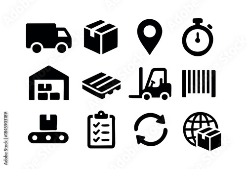 A comprehensive set of black silhouette icons representing logistics, delivery, warehousing, and supply chain operations on a clean white background — stock vector.