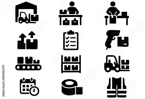 A comprehensive set of black flat icons representing logistics, warehouse operations, shipping, and delivery processes, isolated on a white background — stock vector.