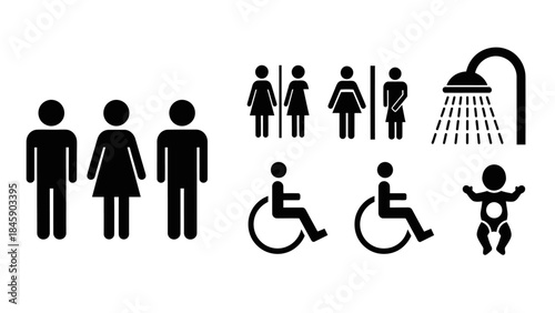 A collection of universal public facility and human silhouette icons for various needs.