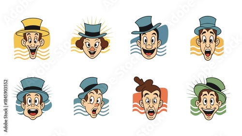 A collection of eight vintage cartoon character faces, each wearing a hat and displaying various human emotions like happiness, surprise, and shock, in a retro illustration style.