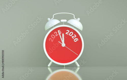 Vinatge Alarm clock turning 2025 into 2026 shows the New Year countdown of time transition, future planning, celebration and year end change while 2025 fading away