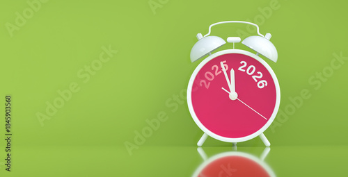 Vinatge Alarm clock turning 2025 into 2026 shows the New Year countdown of time transition, future planning, celebration and year end change while 2025 fading away