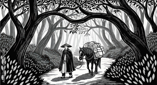Traveler and horse journey through a mystical forest.