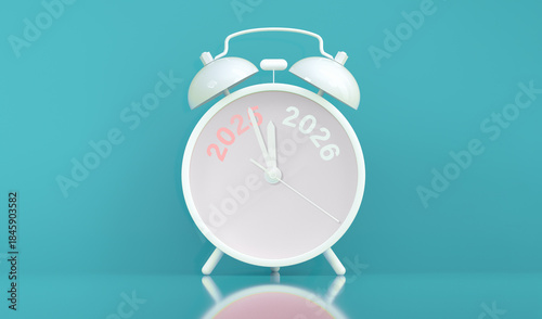Vinatge Alarm clock turning 2025 into 2026 shows the New Year countdown of time transition, future planning, celebration and year end change while 2025 fading away