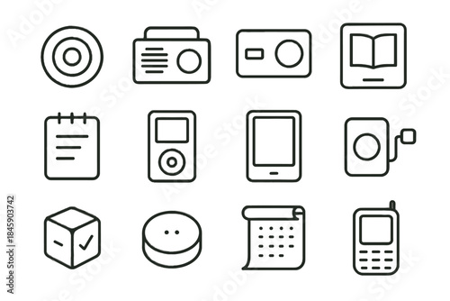 Memory audio disc player calendar box diary tactile vector tech icon slow