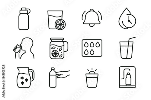 Vector hydration healthy glass reaching chilled slice icon refill water cue icons