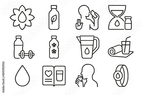 Carafe leaf journal icon set vector yoga hydration filtered water mat