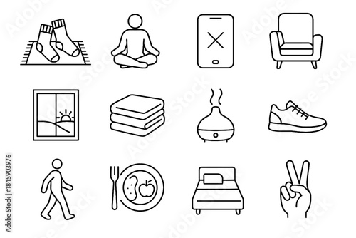 Weekend screen folded minimal peace reset sunrise shoes diffuser cozy icons vector