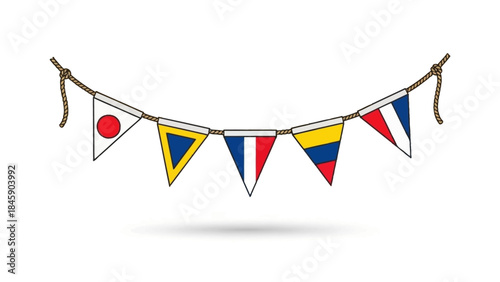 A string of colorful nautical signal flags hanging on a rope, used for maritime communication.