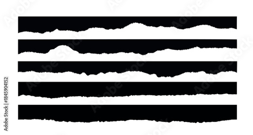 Set of torn paper with ripped edge. Stripes of black narrow page on white background