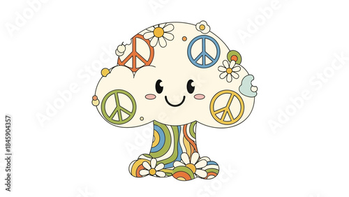 A cute cartoon mushroom with a happy face, decorated with peace signs and daisies on its cap, and a groovy colorful wavy pattern on its stem, in a retro 70s style.