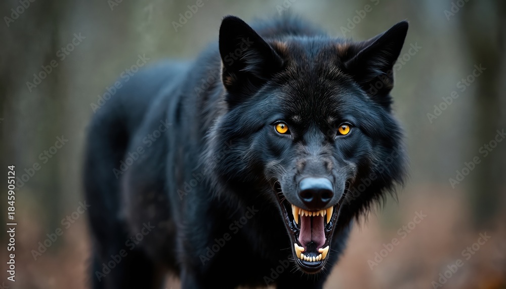 Obraz premium Black wolf bares sharp fangs and teeth, eyes glow yellow in forest. Fierce predator growls showing danger, alert to surroundings. Wild mammal shows primal power, aggression.