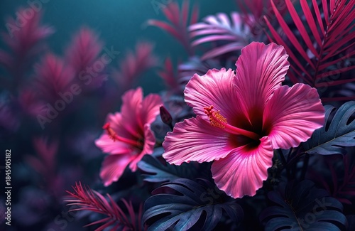 Close-up illustration of bright pink hibiscus flowers, dark green leaves. Exotic botanical foliage glows with vibrant purple, magenta tones, creating jungle atmosphere. Tropical design suits nature,