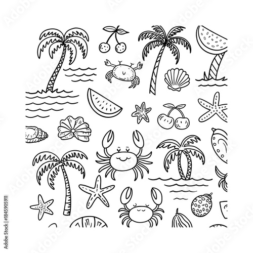 Big set of summer time theme elements 2026. Palm trees, sun, shells, hat, flip flops, birds, beach chair, swimsuit. Travel design. Adventure. Hand drawn vector sketch  illustration