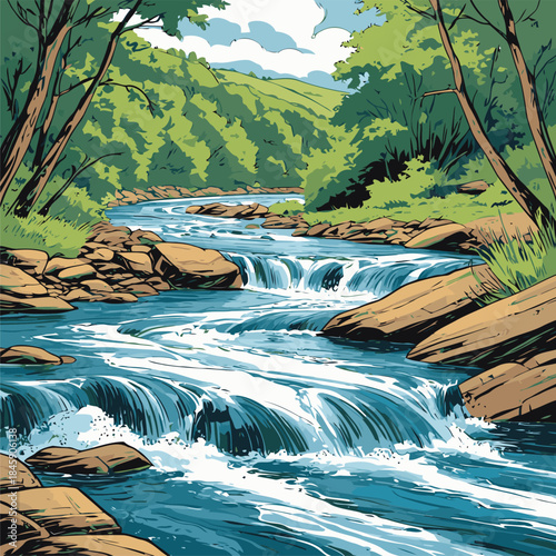 Vector illustration of a river, drawn in a bold American comic style with bold, expressive lines